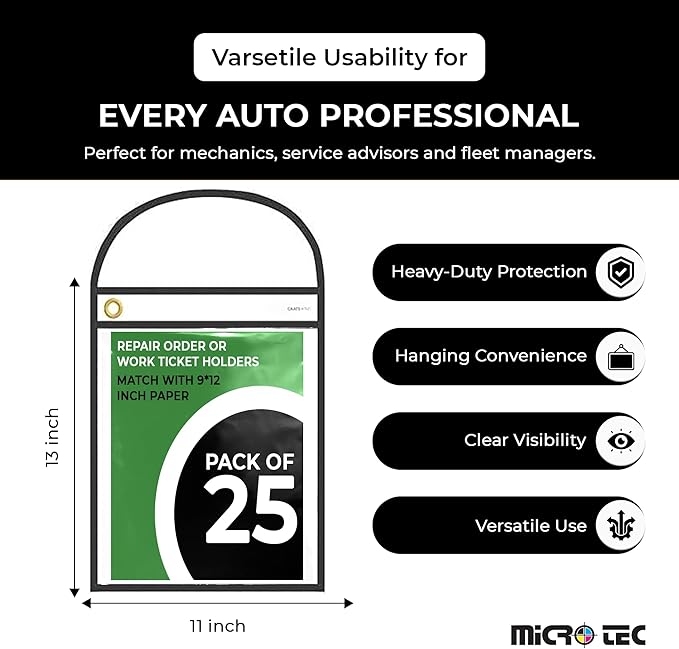 MICRO TEC Repair Order/Work Ticket Holders – Heavy-Duty Clear Vinyl Sleeves with Black Handle – 11" x 13" for Automotive Repair Orders, Job Tickets, Documents – Pack of 25 – Clear/Black