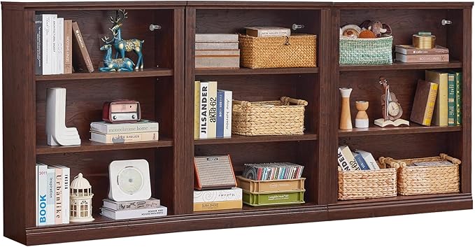 RWYHG 43" Walnut Tall Bookshelf Set of 3,3-Tier Thick Wooden Book Shelf with Adjustable Shelves,Free Standing Farmhouse Bookcase with Open Display Storage,Floor Vintage Bookshelves for Living Room