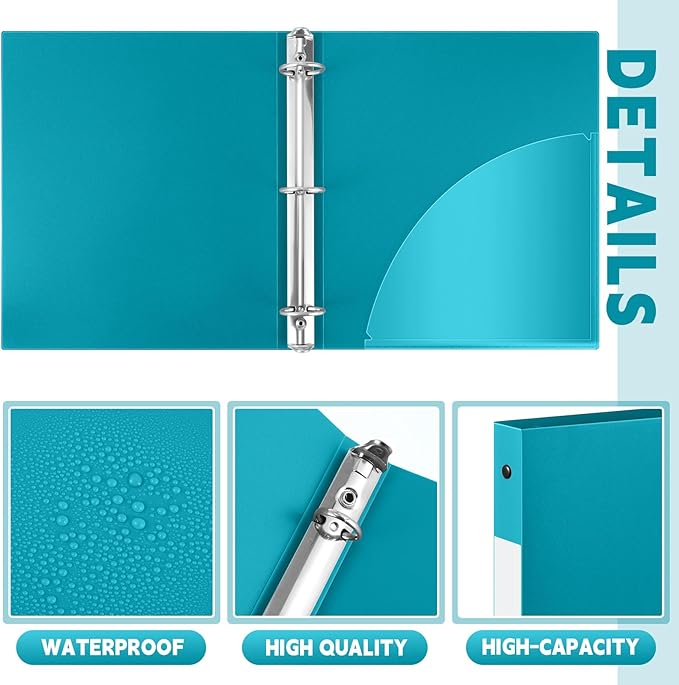 Henoyso 48 Pcs 3 Ring Binder 0.5 Inch Round Fits Letter Size 8.5'' x 11'' Paper Plastic Flexible Binder Bulk Holds 140 Sheets with 1 Pockets Versatile Organizer for Home Office School (Turquoise)