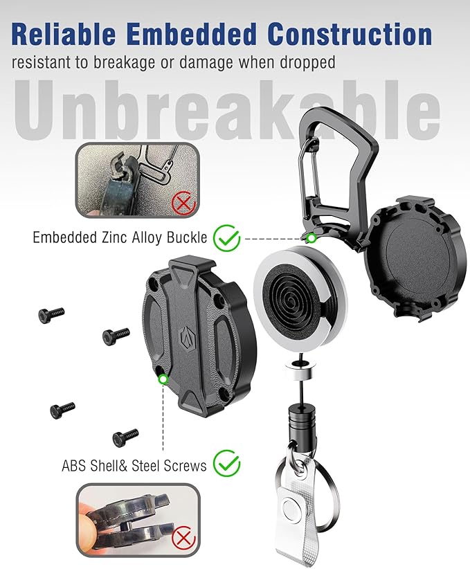 Autonomier 2Pack Heavy Duty Retractable Keychain, Unbreakable Embedded Body with 30.5" Dyneema Cord, Tactical ID Badge Holder Reel Carabiner Clip with Secure Magnetic Closure for Men, Holds 25oz