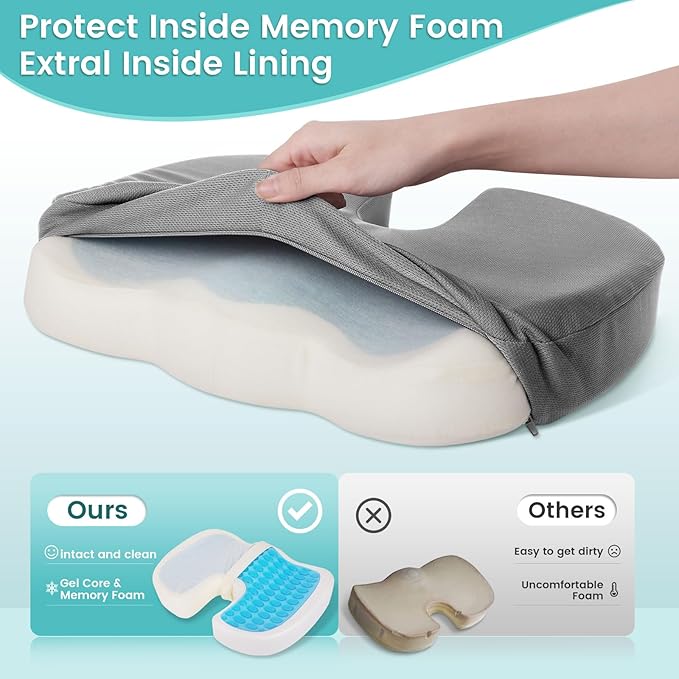 Office Chair Seat Cushion, Cooling Gel Enhanced Memory Foam Cushion for Long Sitting - Back, Sciatica, Coccyx, Tailbone Pain Relief Pillow - for Office, Gaming, Car, Wheelchair - Light Grey, X-Large