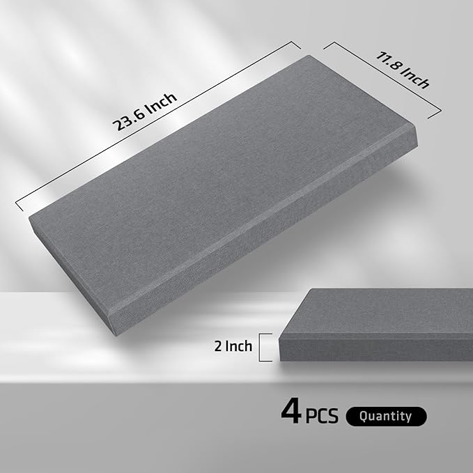 UMIACOUSTICS 4 PCS Acoustic Panels with Hanging Hardware, 2” Thick Fiberglass Sound Proof Panels for Studios, Office, Home Theater Ceiling or Wall- Light Grey