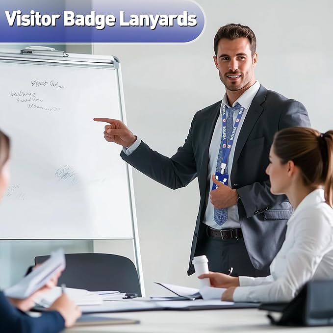 Visitor Badge Lanyards Volunteer Badge Holder with Clips (25 pcs) - Reusable Temporary ID Pass for Office, School, Events PVC Plastic Security Cards for Exhibition Guest by OSTENBIG (Blue)