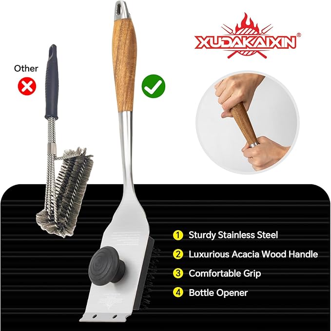 XUDAKAIXIN Grill Brush and Scraper, Dual Grip Design,Extra Strong BBQ Cleaner Accessories,Safe Nylon Bristles Barbecue Triple Scrubbers Cleaning Brush for Cast Iron Grates/Porcelain/Charcoal Grill