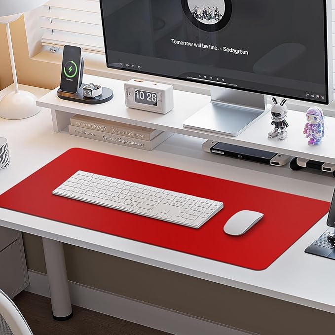 Boutilon Leather Desk Pad Protector,Non-Slip Mouse Pad,Laptop Desk Pad,Office Mouse Mat,Waterproof Leather Desk Blotter,Desk Writing Pad for Office and Home (S-Red,24"x 14")
