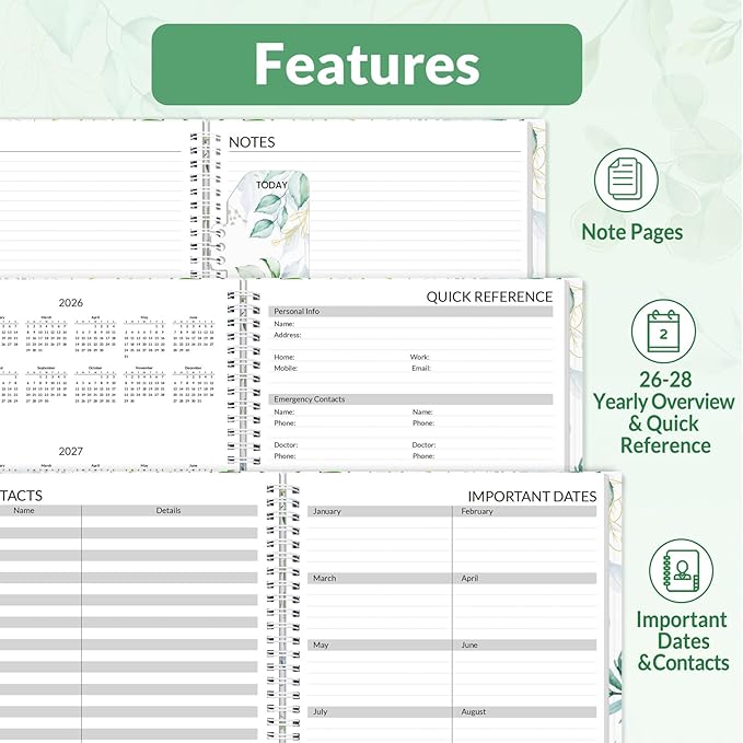 SUNEE 2026 Appointment Book, 2026 Hourly Planner 8.5" x 11", Hourly, Weekly & Monthly Planner - from January 2026 - December 2026, Flexible Cover, Note Page, Pocket, Bookmark, Leaves