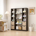 OSCHF Cube Storage Bookcase with Base - Large Wooden Bookshelf with 10 Open Cubes and 4 Shelves for Home and Office, Freestanding Organizer, Black