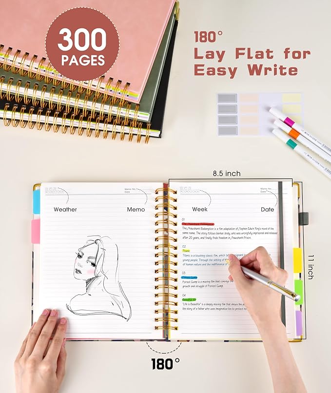 Hardcover Spiral Notebook 8.5"x11" Journal with Removable Dividers Tabs, 300 Pages Leather 5 Subject Notebook College Ruled, Large A4 Notebooks for Work School, Lined Journal for Women, A4 Brown