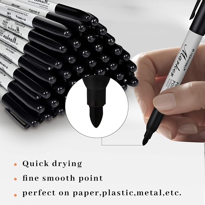 Thenshop 300 Pack Black Permanent Markers Bulk - Fine Point Permanent Marker Quick Drying Waterproof Pens for Doodling Writing Marking Classroom Work on Wood Metal Stone Glass, Office School Supplies