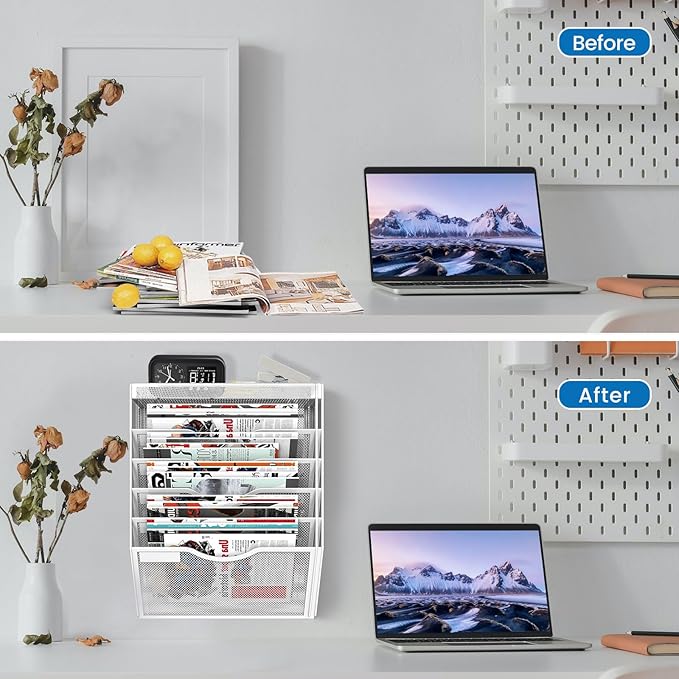 KZWKRG 6 Tier Wall File Organizer Hanging Vertical File Organizer, Wall Mounted Mail Paper Document Folder Holder, Mesh Magazine Rack Mail Document Organizer for Office School Home