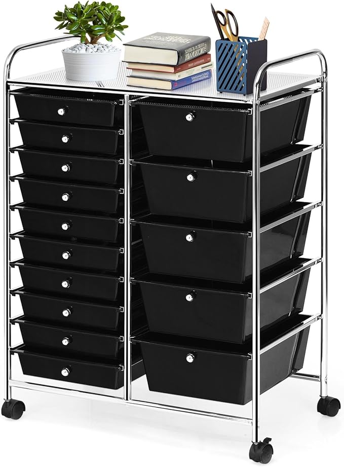 GLACER 15 Drawers Rolling Cart, Storage Cart with w/Removable Drawers & Steel Frame, Multipurpose Organizer Cart w/Sleek Handle, Utility Cart on Lockable Wheels for Home, School, Office (Black)