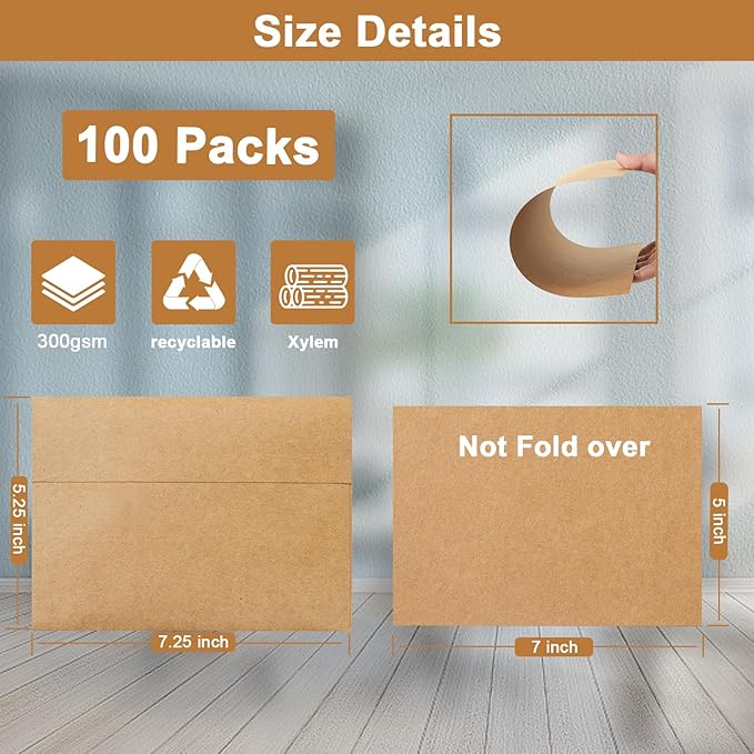 Silunkia 100 Packs Brown Blank Cards and Envelopes 5 x 7 Heavyweight Single Panel Cardstock and A7 Envelopes Self Seal for Wedding Invitations, Birthday, Thank You Cards, Mailing