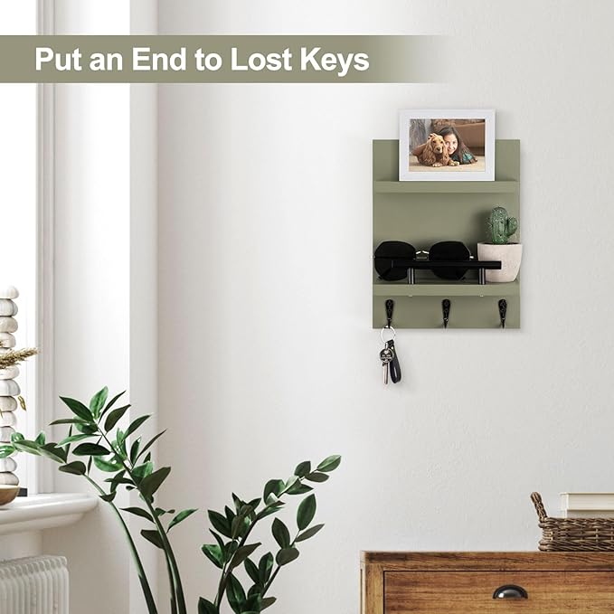 Lucundm Key Holder Wall Mount, Mail Shelf Decor with 3 Key Hooks, Versatile Wood Wall Organizer for Entryway Hallway (8.2” x 10.6”x 3.6”) (Sage Green)