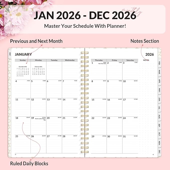 SUNEE 2026 Planner, Weekly and Monthly Calendar Planner, January 2026-December 2026, Daily Agenda with Tabs, Note Pages, Spiral Binding, 6.4"x8.3", Colorful Flowers