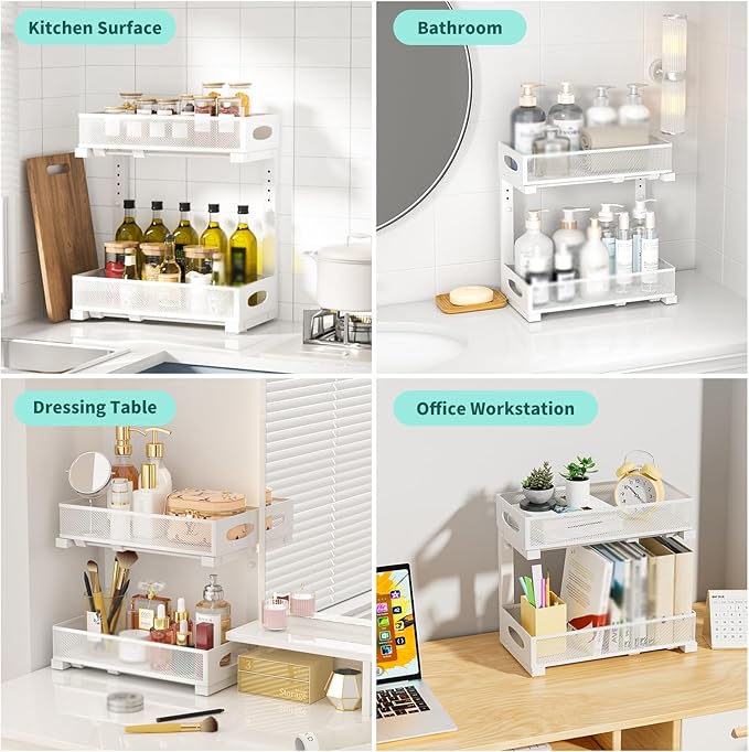 Beleeb Under Sink Organizer, 1 Pack 2 Tier Metal Slide Out Pull Out Cabinet Organizer Shelf, Height Adjustable Organization and Storage Series, Bathroom/Desktop/Cabinet/Kitchen organization, White