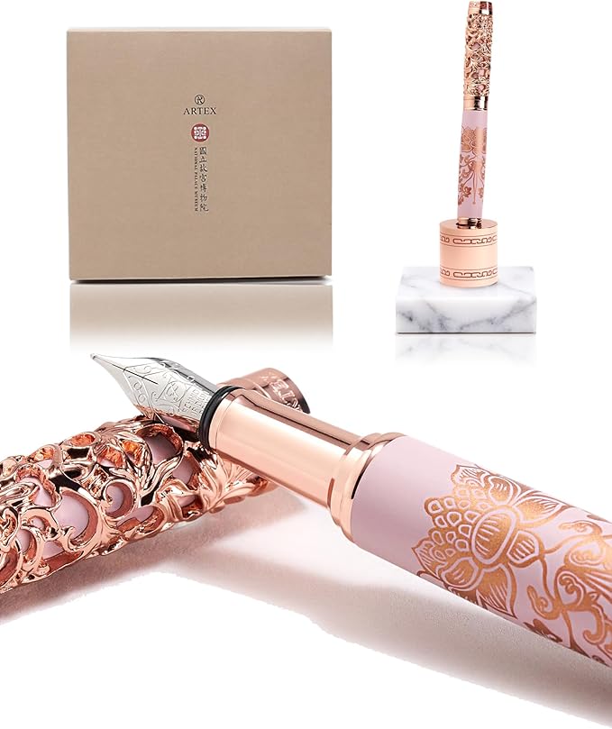 ARTEX Luxury Fountain Pen Set With Stand - Museum Art Collections - Crafting Timeless Beauty - the Best Gift & Office Desk Decor, German SCHMIDT Fine Nib, Solid Metal & Marble Texture