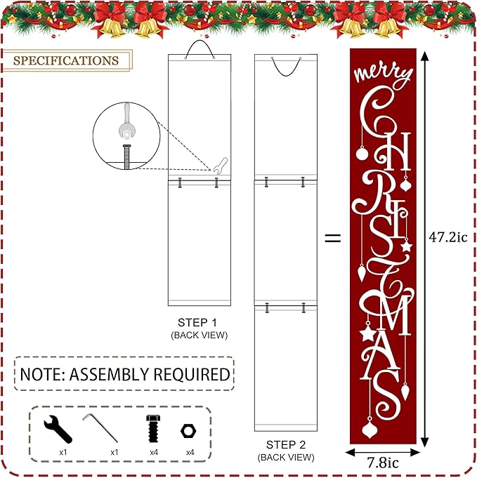 ARTUFAN Merry Christmas Red with Star porch sign Welcome for Front Door Porch Deck Patio or Wall -Indoor and Outdoor Decorative Farmhouse Rustic Vertical Porch and Yard Decor - 7.8''x47.5''