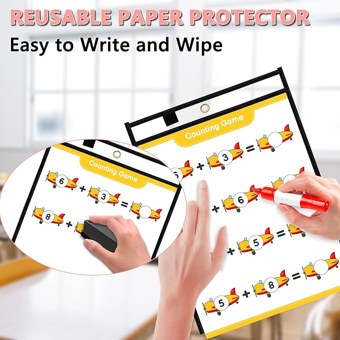 Antner 30 Packs Oversized Dry Erase Pockets Reusable Sleeves 10x13 Job Ticket Holders, Clear Plastic Dry Erase Pouches Heavy Duty Sheet Protectors for Teacher School Classroom Office Supplies, Black