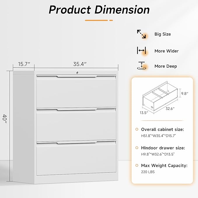 Bestoo 3-Drawer File Cabinet with Lock, Metal Filing Cabinet for Home Office, Lateral Filing Storage Cabinets, Fits File Folders, Letter/Legal/F4/A4 Size, Assembly Required (White)