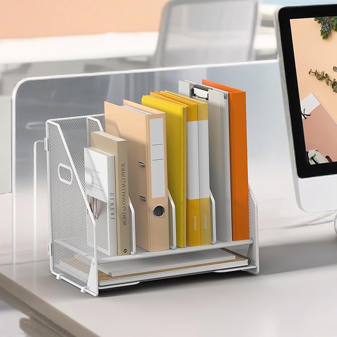 OrgMate Desk File Folder Holder Organizer-4 Vertical Compartments Racks and Paper Letter Tray,Mesh Magazine File Holder Sorter,Desktop Accessories & Workspace Organizers for Home,Office,School-White