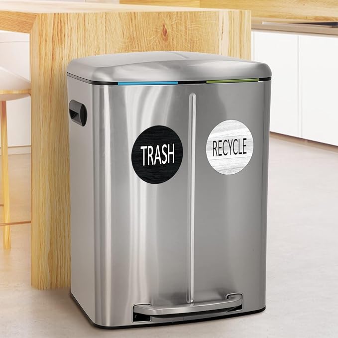 4PCS Recycle and Trash Sign Sticker for Kitchen,Self-adhensive Modern Circle Recycling Sticker for Trash Cans and Recycling Bin, Waste and Recycle Decals for Garbage Can Indoor &Outdoor Use 4Inch