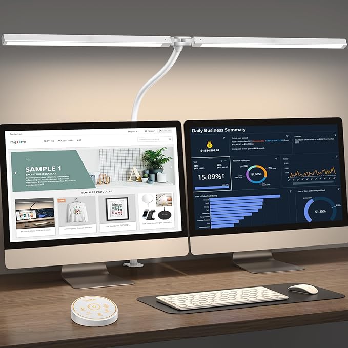 Pzloz Led Desk Lamp for Office Home - Eye Caring Architect lamp with Clamp,Dual Screen Computer Monitor Work Smart Light: 24W 5 Color Flexible Adjustable Lighting Table Lamp for Study White