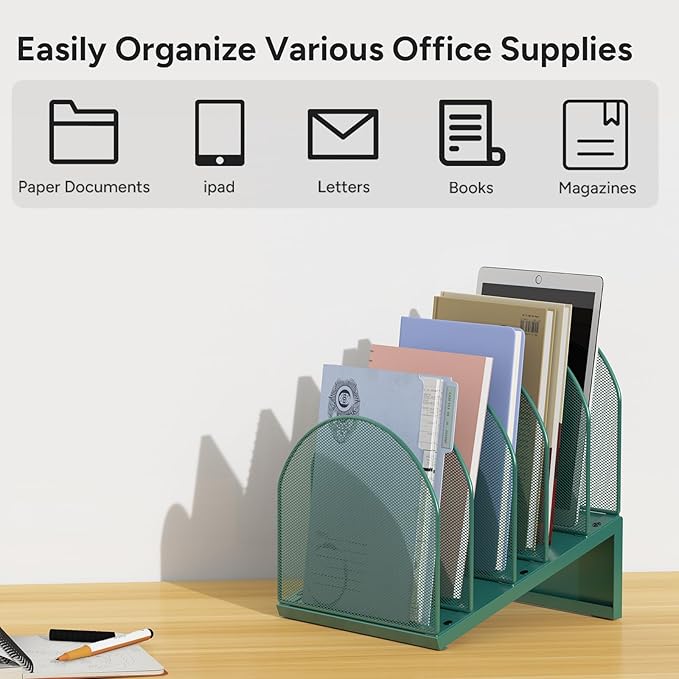 OUTIOE 5-Section Desk File Organizer, Metal Mesh Folder Organizer for Documents, Mail & Office Papers (Green)