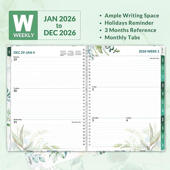 SUNEE 2026 Weekly and Monthly Planner - from January 2026 - December 2026, Daily Agenda Planner with Monthly Tab, Flexible Cover, Note Pages, Pockets, Bookmark, Spiral Binding, Eucalyptus, 8.5"x11"