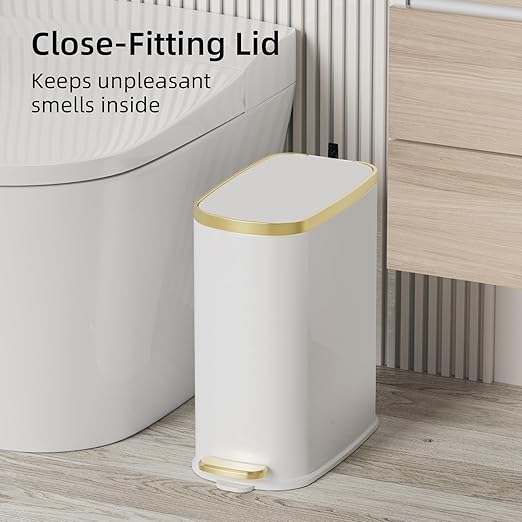 KUK Small Bathroom Trash Can with Lid Soft Close, Step Pedal, 2.6 Gal Stainless Steel Garbage Can with Removable Inner Bucket, Anti-Fingerprint Wastebasket for Office, Bedroom, Toilet (White)