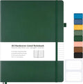 College Ruled Notebook, A4 Hardcover Leather Notebook for Work, Lined Notebook Journal for Women, Men, 192 Thick Paper, Lay Flat, Large Notebook with 2 Pockets, Professional Business Notebook, Green