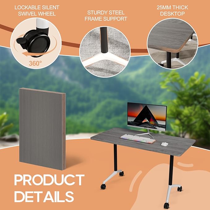 Folding Conference Table 4ft 5ft, Foldable Office Meeting Desk for 6 People, Multiple Sizes Colors Mobile Conference Room Table for Training Room School Business Furniture (6, Grey, 55in)