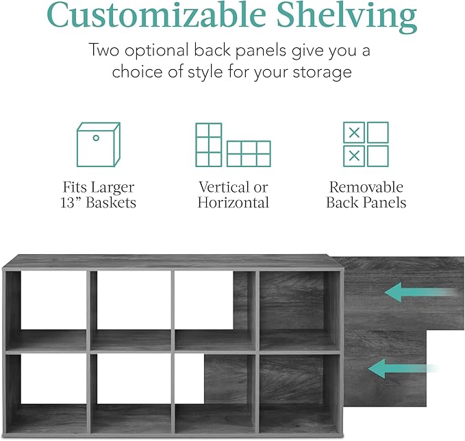Best Choice Products 8-Cube Storage Organizer, 13.5in Shelf Opening, Bookcase, Display Shelf, Customizable w/ 2 Removable Back Panels – Dark Gray