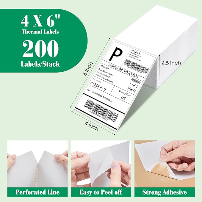 METRONIC Thermal Labels 4x6 200 Labels Fanfold Direct Shipping Label with Perforated and Strong Adhesive Mailing Stickers Paper Thermal Printer Sticker for Most Printer Shipping Supplies