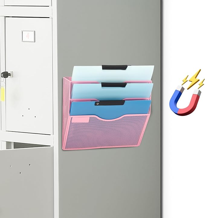 EASEPRES Magnetic 3 Pocket Mesh Hanging Wall File Organizer, Wall Mounted Mail Paper Document Folder Holder, Clipboard Storage Magazine Rack with Nametag Label for Office Home School, Pink