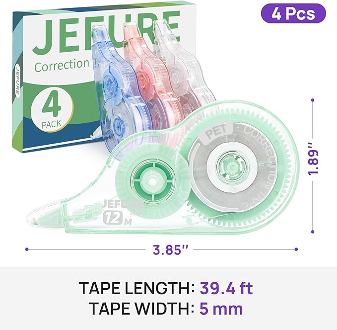 JEFURE 4 Pcs Colorful Core Correction Tape, 39.37 Ft White Wrong Out Tear-Resistant Bulk, Instant Corrections Easy to Use Applicator for School, Office, Note Taking, Journal (Tape Width 0.2 in)