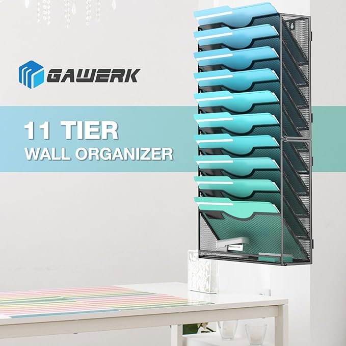 Gawerk 11-Tier Wall File Organizer Hanging Wall File Holder Wall Mount Paper Folder Organize, Mesh Magazine Document Mail Organizer Wall Organizer for Office School Home, Black