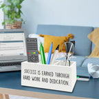 QZQE Motivational Gifts Pen Pencil Holder Organizer for Desk, Success Is Earned Through Hard Work and Dedication Inspirational Wooden Box Signs Decorations for Home Office Desk Tabletop