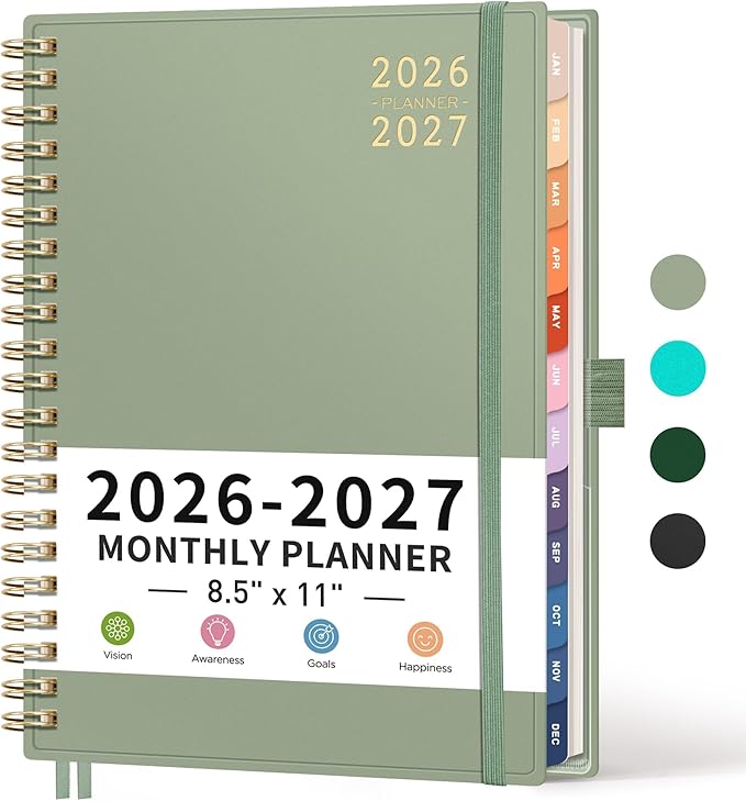 RETTACY 2026-2027 Monthly Planner, Jan 2026 - Dec 2027, Large Size (8.5" x 11"), Agenda, Calendar, 24 Month Tabs, Flexible Plastic Cover, 100 GSM Thick Paper, Spiral-bound (Light Green)