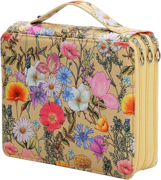 Vomgomfom Colored Pencil Case - 124 Slots Pencil Holder with Zipper Closure Twill Fabric Large Capacity Pencil Case for Watercolor Pens or Markers, Pencil Case Organizer for Artist (Yellow Flower)