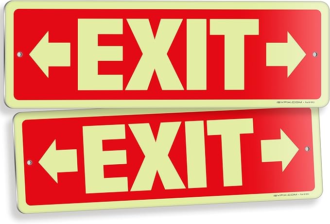 iSYFIX Exit Signs with Directional Right & Left Arrow, Glow in the Dark, Photoluminescent Aluminum 12x4 Inch - 2 Pack, Laminated for UV & Weather Resistance, Ideal for Offices, Schools, Theaters & More