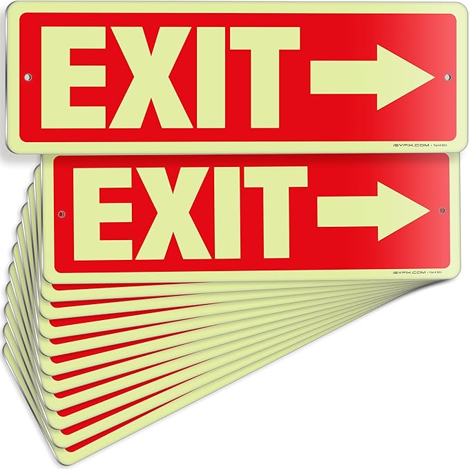 iSYFIX Exit Signs with Directional Right Arrow, Glow in the Dark, Photoluminescent Aluminum 12x4 Inch - 12 Pack, Laminated for UV & Weather Resistance, Ideal for Offices, Schools, Theaters & More