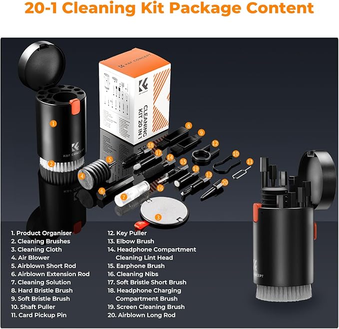 K&F CONCEPT 20-in-1 Keyboard Cleaning Kit Laptop Cleaner, Multifunctional Electronic Device Cleaning Tool, for iPhone AirPods MacBook iPad, Camera PC Monitor Earbud TV Tablet Screens