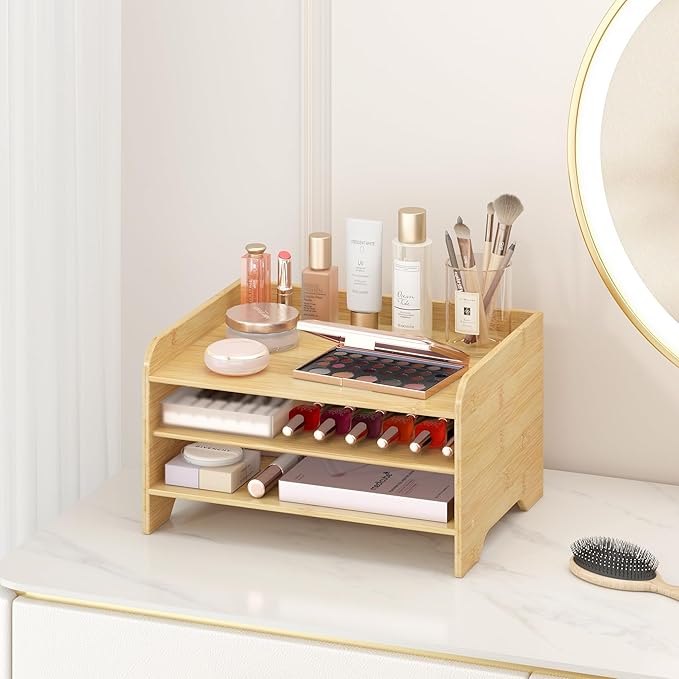 Wisuce Essentials Bamboo Desk Organizer Mail Holder Countertop Letter Tray File Organizer for Desk Letter Sorter Paper File Storage for School Home Office Supplies