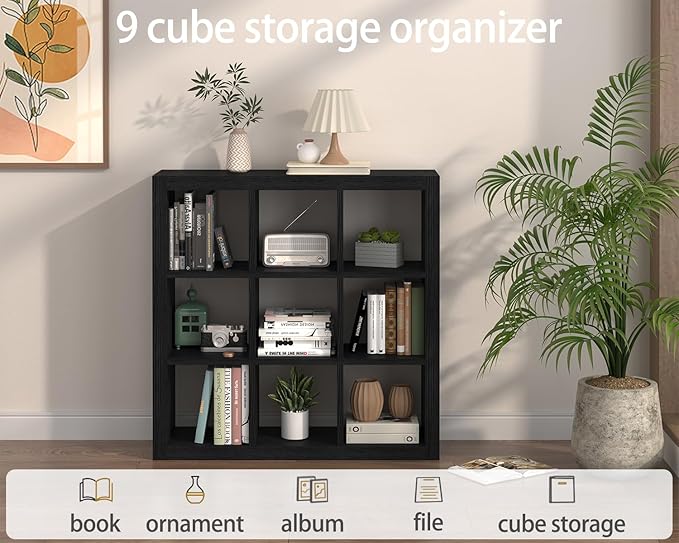 Bookshelf with Storage Bins, 9-Cube Storage Organizer Sturdy Wooden Bookcase Open Book Shelf, Multifunctional Cubicle Rack for Storage & Display, Furniture for Living Room Bedroom Office, Black