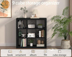 Bookshelf with Storage Bins, 9-Cube Storage Organizer Sturdy Wooden Bookcase Open Book Shelf, Multifunctional Cubicle Rack for Storage & Display, Furniture for Living Room Bedroom Office, Black