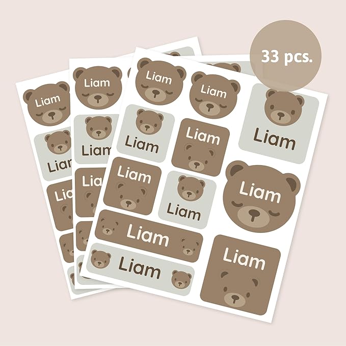Large Name Labels for Kids (33) - Custom Stickers for Daycare and School Supplies - Durable, Waterproof Stickers for Water Bottles, Lunch Boxes, and More with Unique Designs - Bear