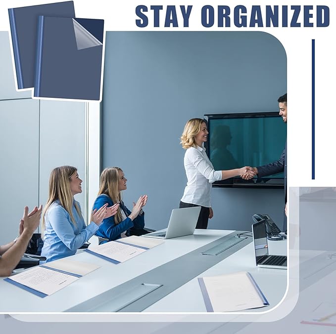 Teling 100 Pcs Plastic Report Covers with 3 Prong Fasteners 11.42 x 9.45 Inch Clear Front Report Covers Bulk Presentation Folders for School Document(Navy Blue)