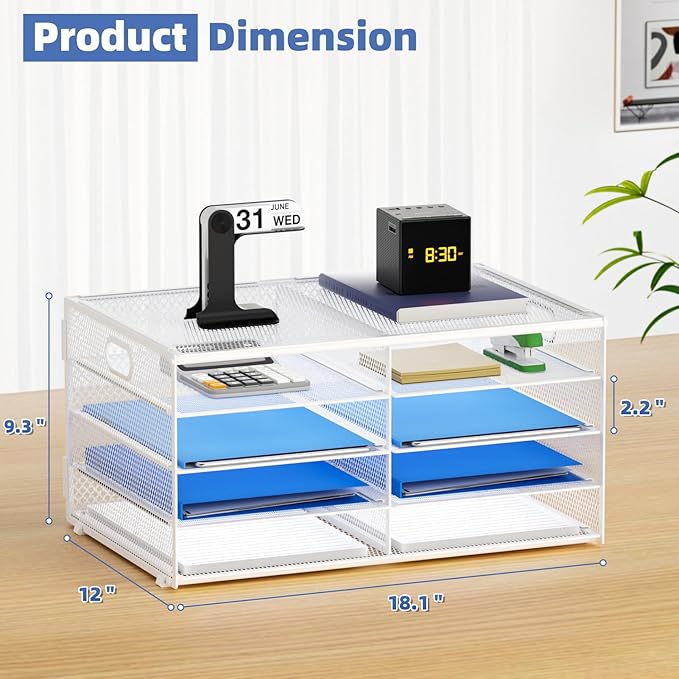 Lavatino 8 Compartments Paper Organizer for Desk, Mesh Literature Organizer, Mail File Sorter Tray with Handle, Desktop Mailbox for Office Classroom Home, White