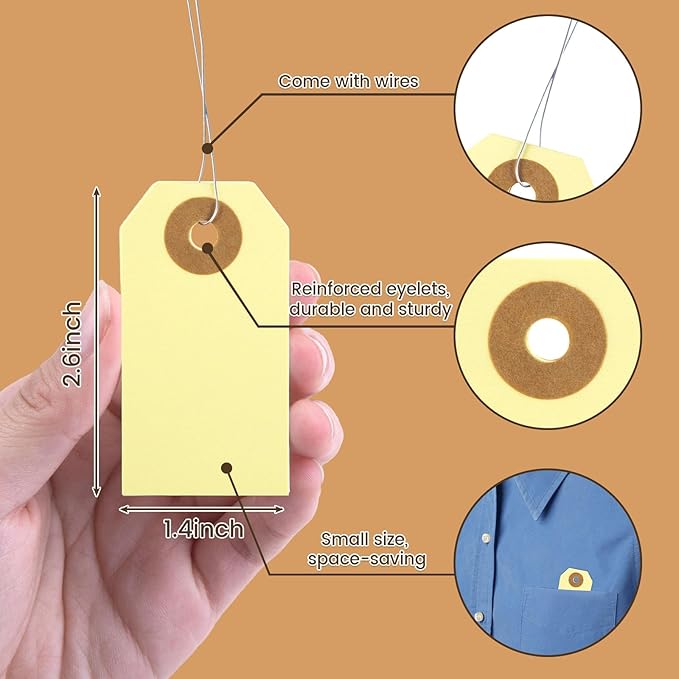 SallyFashion 100 PCS Pricing Tags with String, Blank Labeling Tag with Reinforced Hole and Metal Wire, Manila Hang Tabs for Luggage Clothing Sale Supplies Equipment Parts, Gift Tags(2 3/4" x 1 3/8")