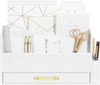 WISUCART Bamboo Desk Organizer Mail Holder Countertop Wood Desk Drawer Tabletop Storage Box Pen Holder Letter Sorter Makeup Organizer for School Home Office Supplies with Pen Holder White